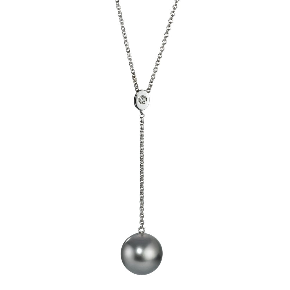 Collana Oro bianco 750/18 carati Diamante 0.09 ct, w-si Perla di Tahiti Grigio 9.5-10 mm 42-45 cm