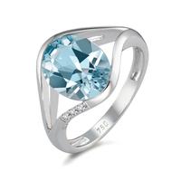 Fingerring 750/18 K Weissgold Topas blau, Diamant 0.015 ct, 3 Steine, Brillantschliff, w-si