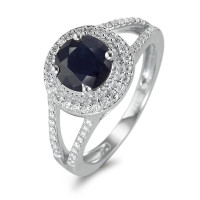 Fingerring 375/9 K Weissgold Saphir blau, 1.76 ct, rund, AAA, Diamant weiss, 0.23 ct, 12 Steine, w-pi3-588075