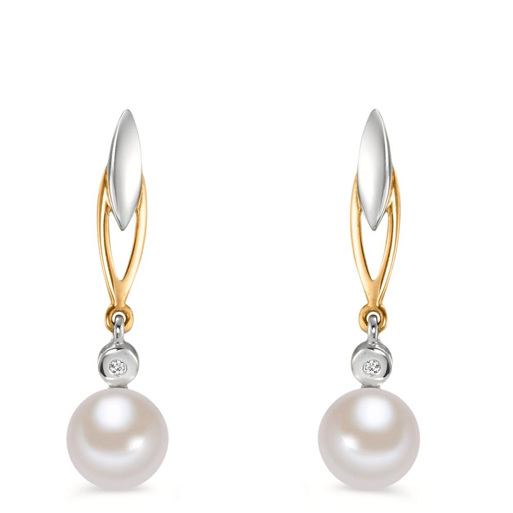Ohrhänger 375/9 K Gelbgold Diamant 0.01 ct, 2 Steine, w-si Süsswasserzuchtperle weiss, 2 Perlen 6-6.5 mm