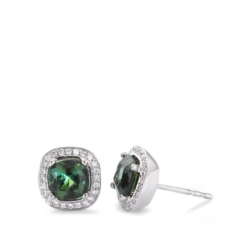 Orecchini a bottone Oro bianco 750/18 carati Tormalina verde, 0.15 ct, 48 pietra, [Brillant], tw-vsi, Diamante 0.15 ct, 48 pietra, [Brillant], w-si