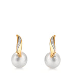 Ohrstecker 750/18 K Gelbgold Diamant weiss, 0.10 ct, 2 Steine, Brillantschliff, w-si Süsswasserzuchtperle weiss, 2 Perlen, 7 mm