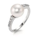 Fingerring 750/18 K Weissgold Diamant weiss, 0.14 ct, 10 Steine, Brillantschliff, w-si Süsswasserzuchtperlen, 8.5 mm