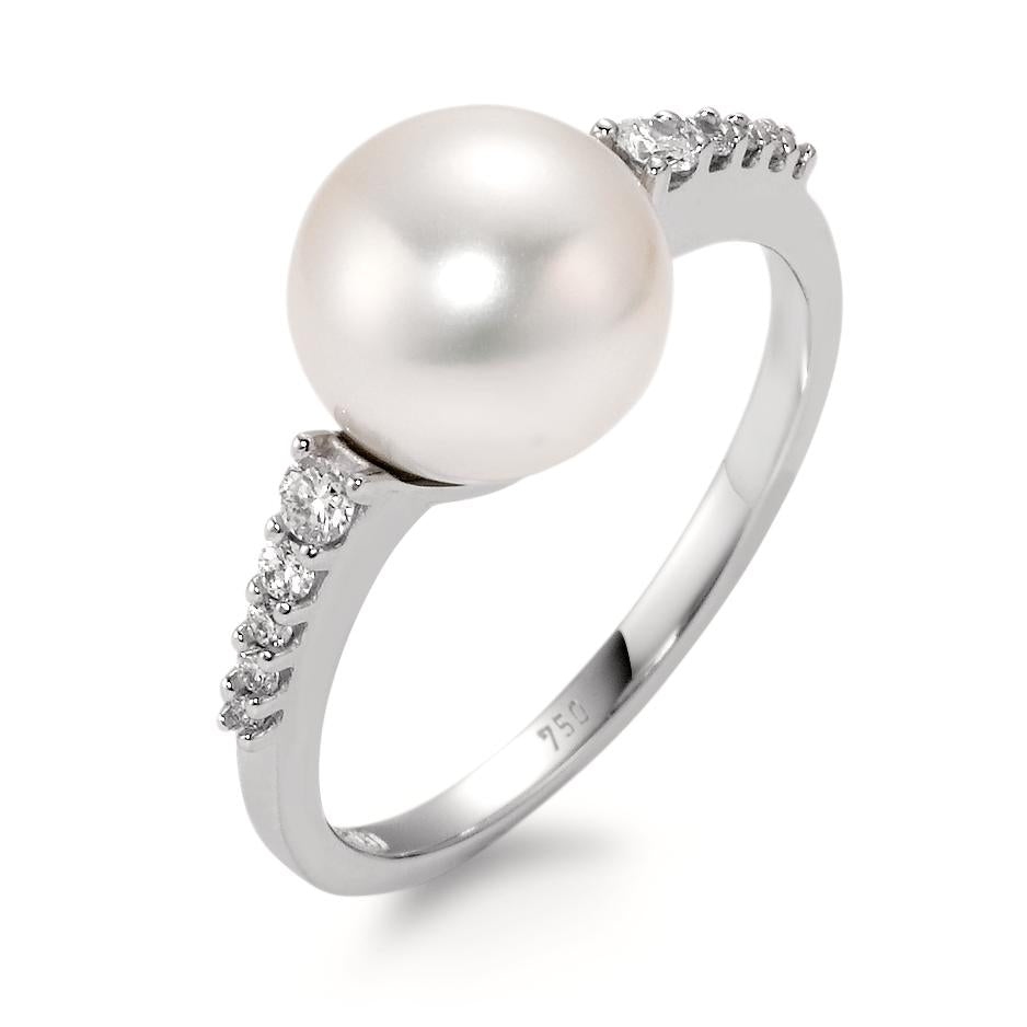 Fingerring 750/18 K Weissgold Diamant weiss, 0.14 ct, 10 Steine, Brillantschliff, w-si Süsswasserzuchtperlen, 8.5 mm