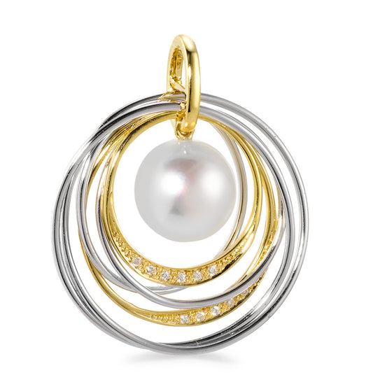 Pendentif Or jaune 18K, Or blanc 18K Diamant blanc, 0.04 ct, 12 Pierres, brillant, w-si perle d'eau douce, 9.5 mm Ø25 mm