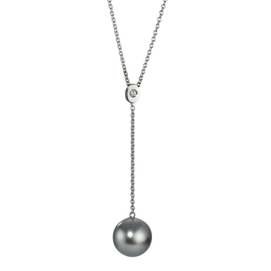 Collier Or blanc 18K Diamant 0.09 ct, w-si perle de Tahiti gris 9.5-10 mm 42-45 cm