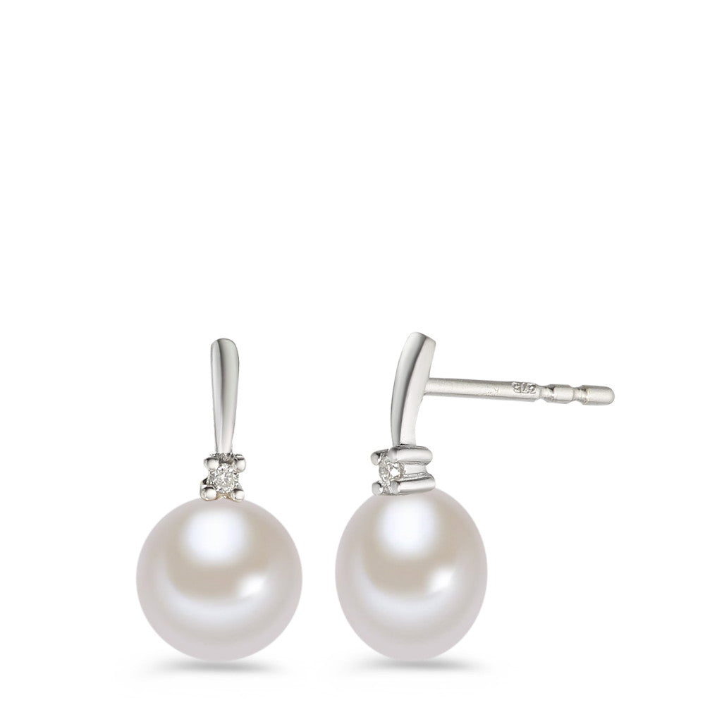 Ohrstecker 375/9 K Weissgold Diamant weiss, 0.02 ct, 2 Steine, Brillantschliff, p1 Süsswasserzuchtperle weiss, 2 Perlen 7-7.5 mm