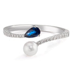 Fingerring 750/18 K Weissgold Diamanten 0.105 ct, w-si, Saphir Akoya Perlen 3.5-4 mm