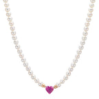 Collier 750/18 K Rotgold Rubin 0.62 ct Süsswasserzuchtperlen, 3.5 mm Herz 40-44 cm verstellbar