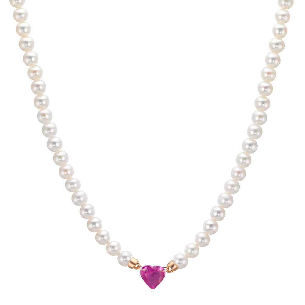 Collier 750/18 K Rotgold Rubin 0.62 ct Süsswasserzuchtperlen, 3.5 mm Herz 40-44 cm verstellbar