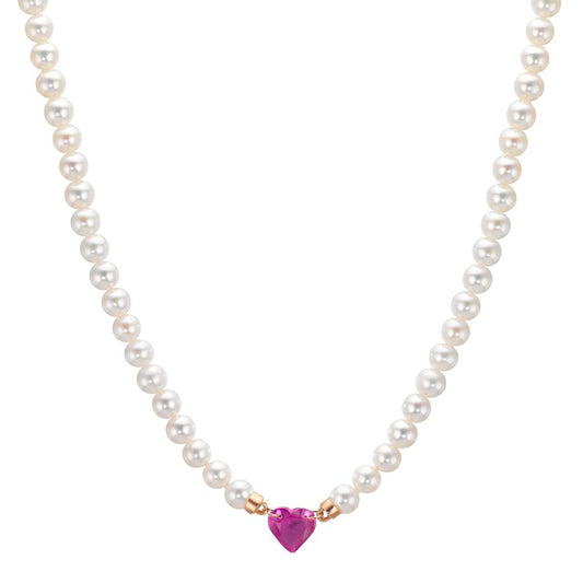 Collier Or rouge 18K Rubis 0.62 ct perle d'eau douce, 3.5 mm Coeur 40-44 cm