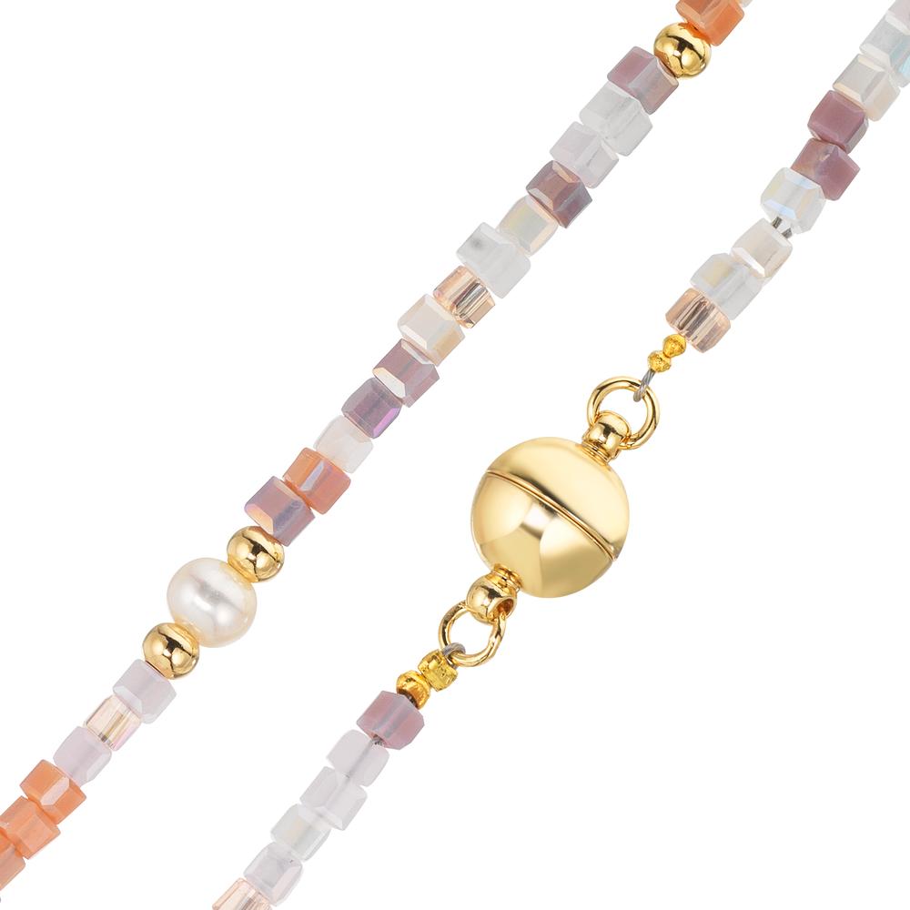 Collana Acciaio inossidabile Cristallo rosa giallo rivestimento IP Perla coltivata d'acqua dolce, 5 Perla 4-4.5 mm 43 cm