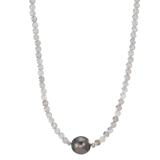 Collana Acciaio inossidabile Labradorite Grigio, 3 mm Perla di Tahiti, 9.5 mm 43-47 cm