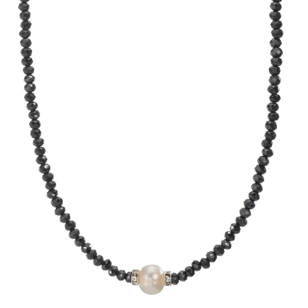 Collana Acciaio inossidabile Cristallo nero Perla coltivata d'acqua dolce 6.5-7 mm 43 cm