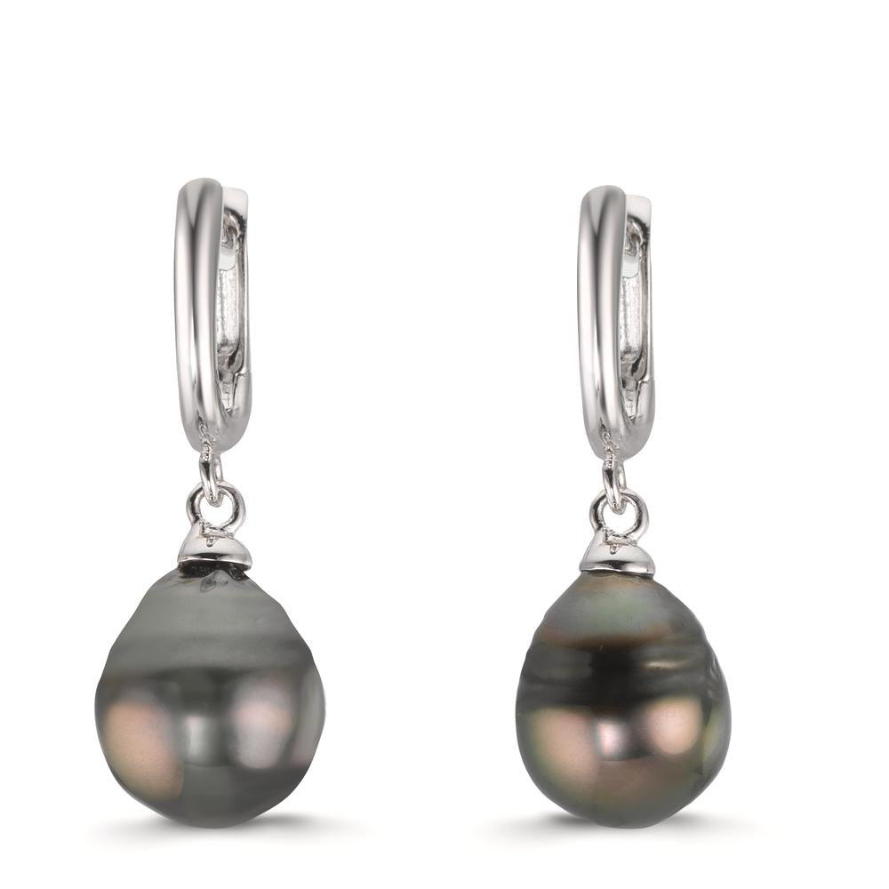 Klappcreolen Silber rhodiniert Tahitiperle, 2 Perlen 9-10 mm
