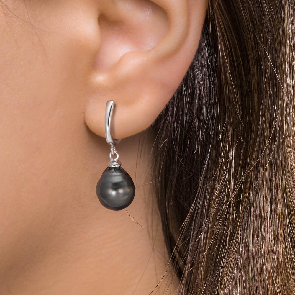 Créoles à charnières Argent Rhodié perle de Tahiti, 2 Perles 9-10 mm