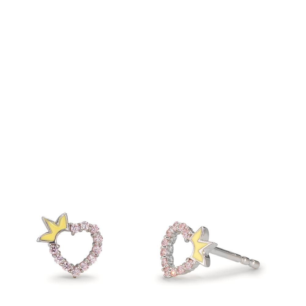 Ohrstecker Silber Zirkonia rosa rhodiniert Herz mit Krone Ø6.5 mm
