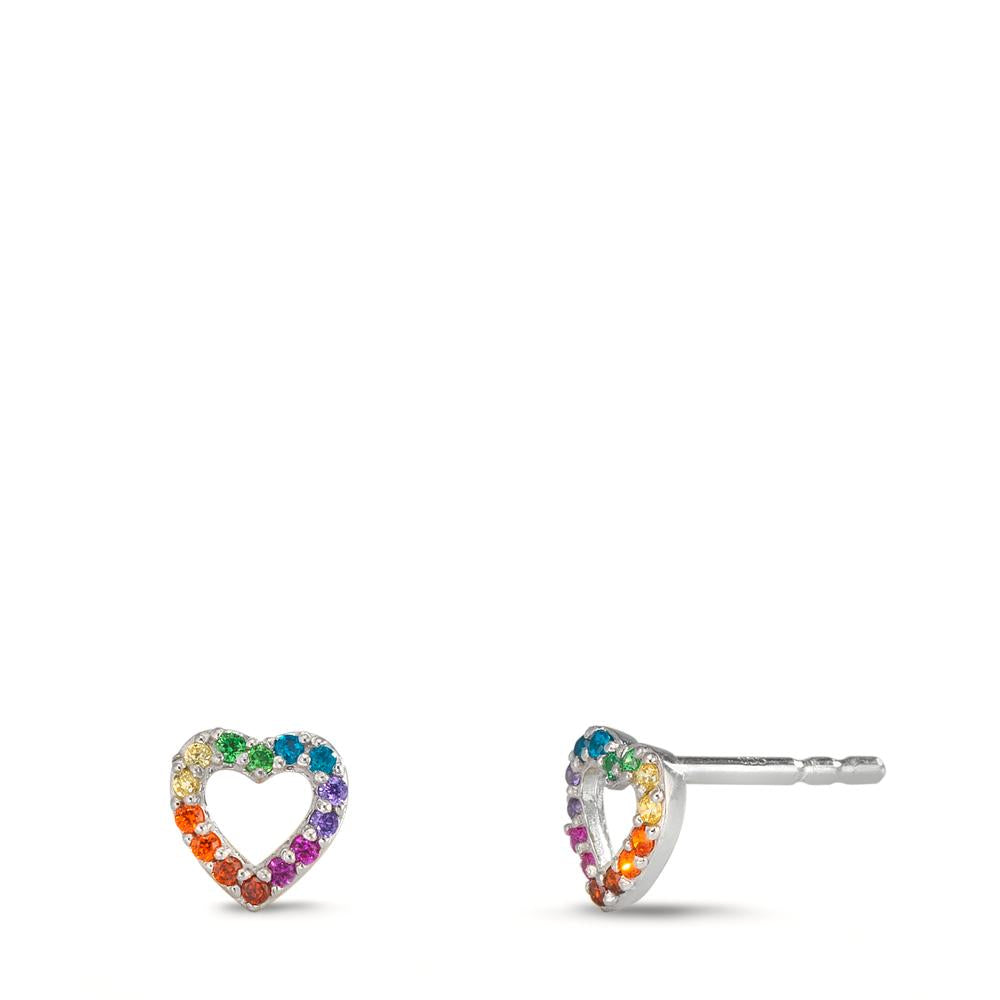 Ohrstecker Silber Zirkonia regenbogenfarbig rhodiniert Herz Ø6 mm