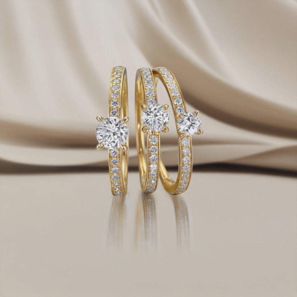 Solitär Ring 750/18 K Gelbgold Diamant weiss, 0.20 ct, 18 Steine, Brillantschliff, w-si, Diamant weiss, 0.30 ct, Brillantschliff, w-si