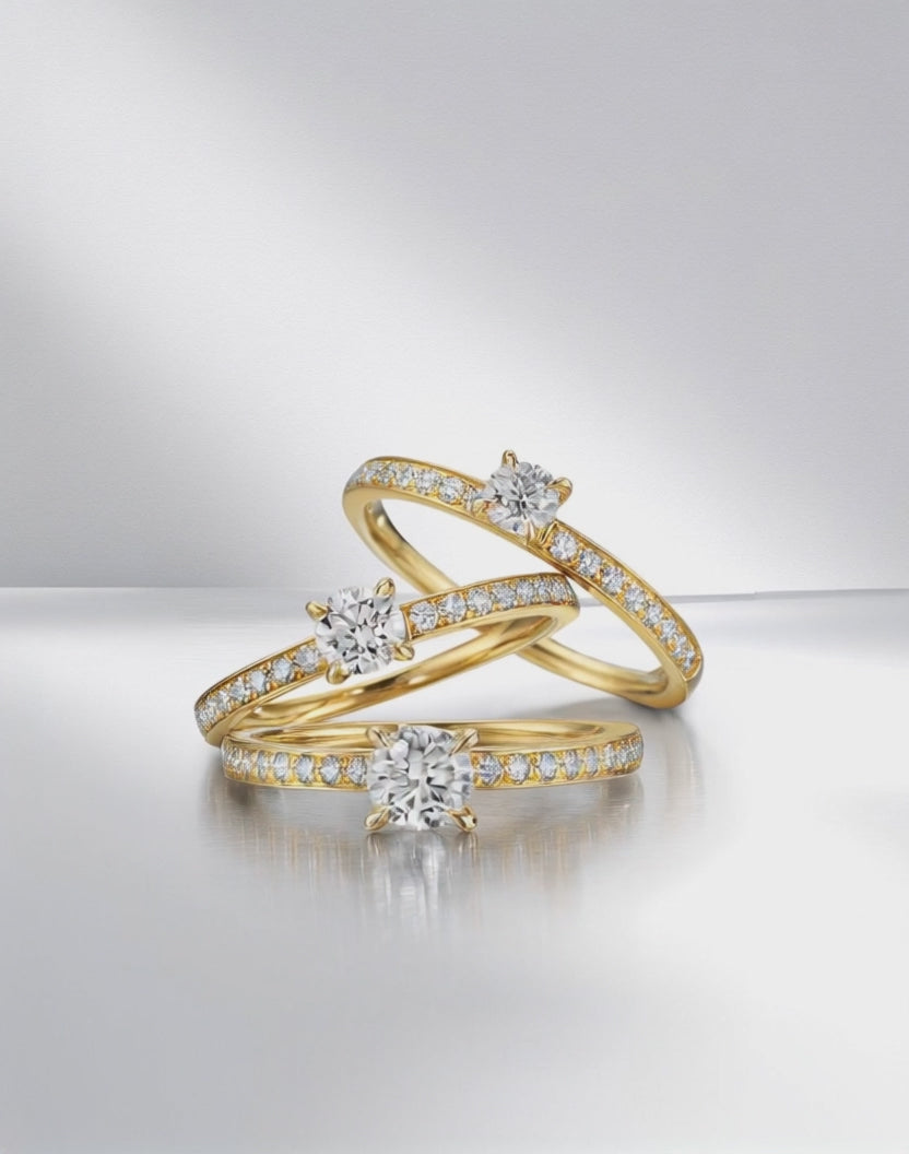 Solitär Ring 750/18 K Gelbgold Diamant weiss, 0.20 ct, 18 Steine, Brillantschliff, w-si, Diamant weiss, 0.30 ct, Brillantschliff, w-si