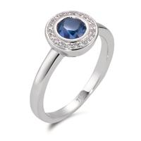 Fingerring 750/18 K Weissgold Saphir blau, Diamant weiss, 20 Steine, w-si