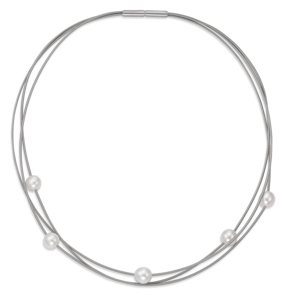 Edelstahl Spiral Collier 3-reihig mit 5 weißen Zuchtperlen und Bajonettverschluß -304548