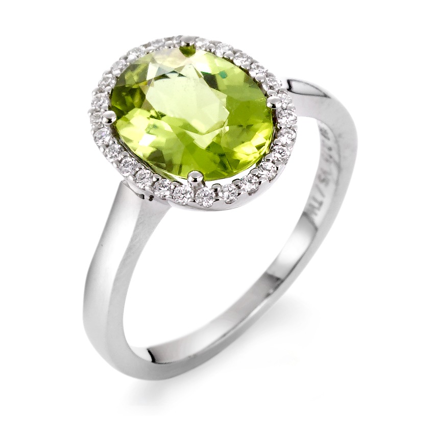 Fingerring 750/18 K Weissgold Peridot grün, Diamant 0.15 ct, 26 Steine, tw-vsi-558020