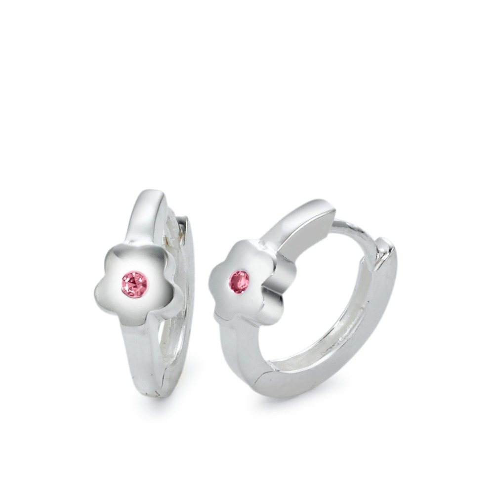Klappcreolen Silber Zirkonia rosa, 2 Steine Blume-570010
