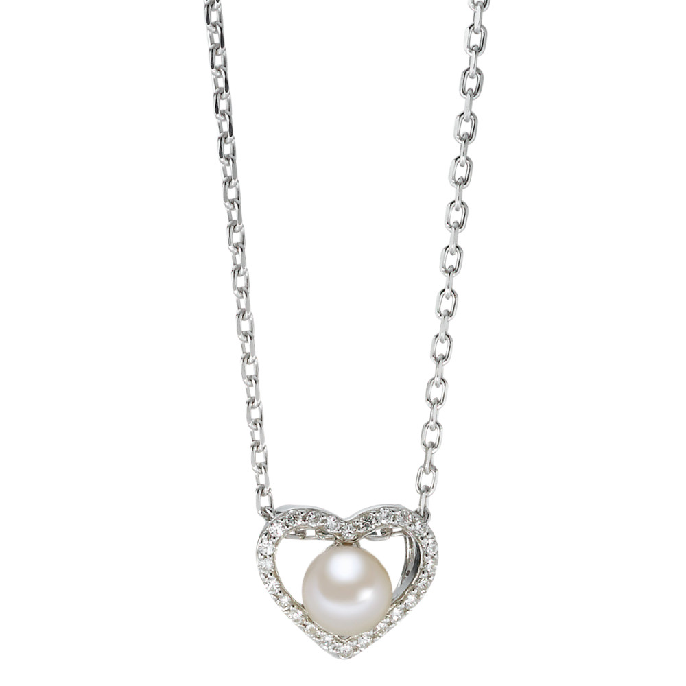 Halskette mit Anhänger Silber Zirkonia 25 Steine rhodiniert Süsswasserzuchtperle Herz 40-42 cm verstellbar Ø10 mm-579074