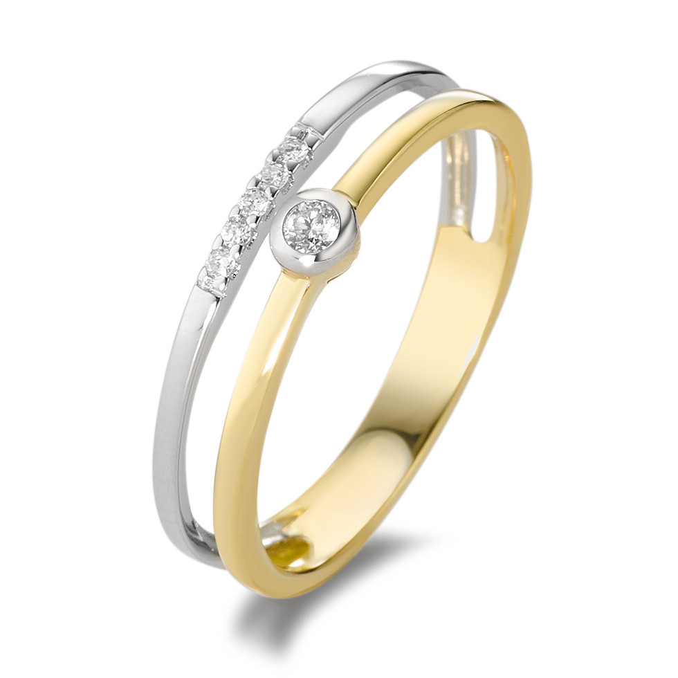 Fingerring 750/18 K Gelbgold, 750/18 K Weissgold Diamant weiss, 0.055 ct, 6 Steine, Brillantschliff, w-si-583579