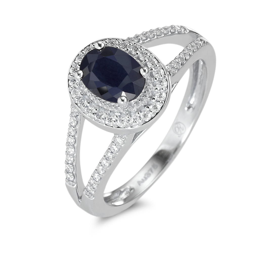 Fingerring 375/9 K Weissgold Saphir blau, 0.95 ct, oval, AAA, Diamant weiss, 0.23 ct, 12 Steine, w-pi1-588074