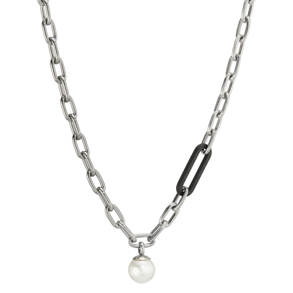 Halskette Soho Pearl Drop Silver aus Edelstahl mit Carbon und Muschelperle, 43-48 cm verstellbar-597858