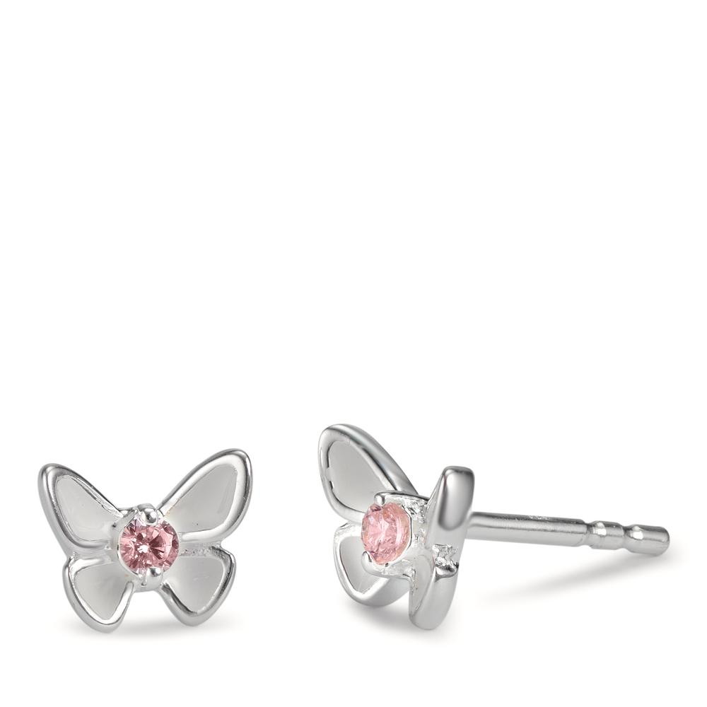 Ohrstecker Silber Zirkonia rosa, 2 Steine emailliert Schmetterling Ø7 mm-601257